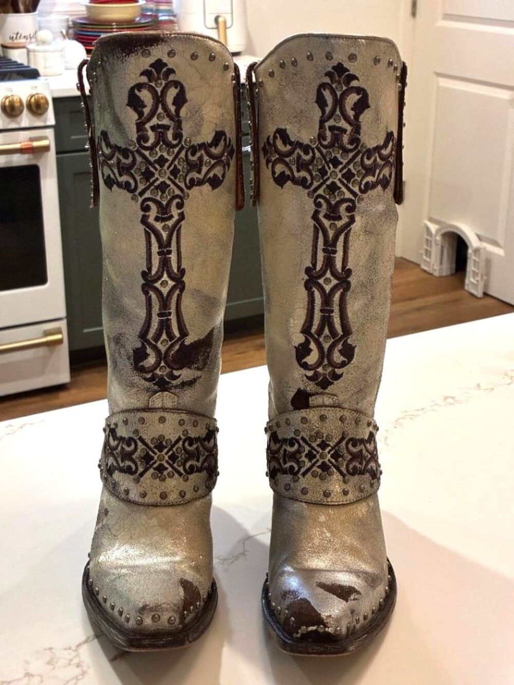 Old Gringo Tall Western SnipToe Boots 6B Silver Brown Studded Cross Embroidered - Picture 2 of 15